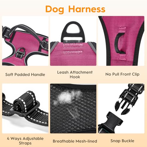 No Pull Dog Harness, No-Choke Soft Padded Reflective Dog Vest Harness with Front Clip & Top Handle, 2 Quick-Release Buckles, Adjustable for Small Medium Large Dogs - color: Hot Pink, size: X-Small