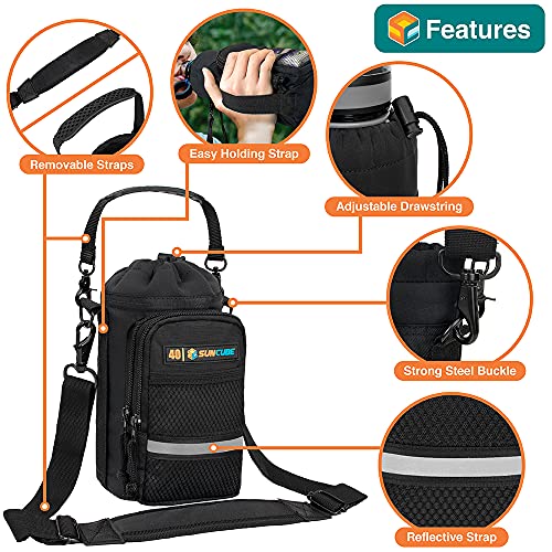 SUN CUBE Insulated Water Bottle Carrier Bag with Strap, Crossbody Sling - color: Black, size: 40 oz