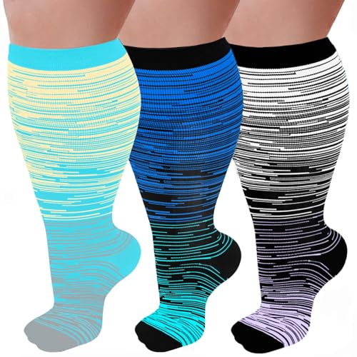 3 Pairs Plus Size Wide Calf 20-30 mmHg Knee High Compression Socks - color: 05-3 Pairs Gray/Blue/Blue, size: XX-Large