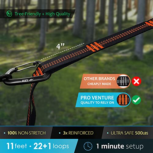 Hammock Straps and Carabiners Set | 22 Feet Total, 44+2 Loops | 1200lbs Breaking Strength (500lbs Rated) | Non-Stretch, Lightweight, Portable - Quick Setup | Heavy Duty, Tree Friendly - size: 11 Feet.