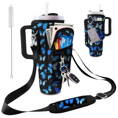 Stanley Carrier Bag for Stanley 40oz/30ozTumbler with Phone with 2 Adjustable Strap,3 Pockets Bottle Stanley Cup Carrier Bag & Case,Accessories for Hiking Travelling - color: Blue Butterfly
