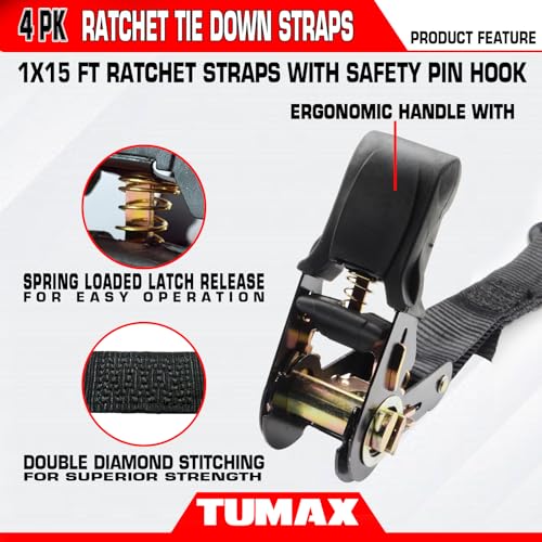 15 FT Ratchet Straps 4-PK 2000 lbs Heavy Duty Cargo Tie Down Straps - size: 2000lbs-Black