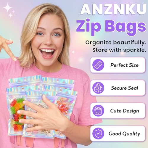 ANZNKU Holographic Mylar Bags 4x6 Resealable 50PCS Candy Goodie Bags Bulk - color: Holographic, size: 4x6 Inch