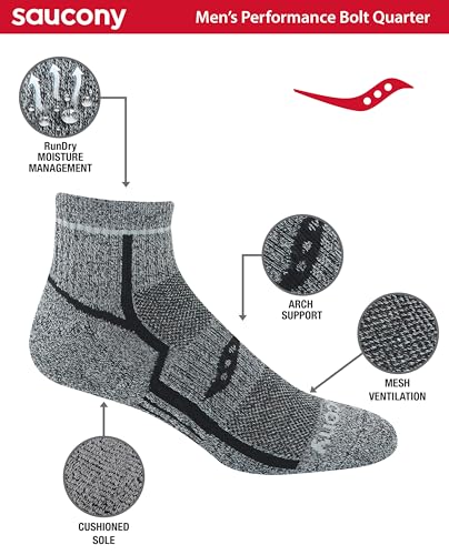 Saucony Men's RunDry Bolt Performance Quarter Socks, Available in L-XL (6, 12 Pairs) - color: Black White Marl (6 Pairs), size: Large