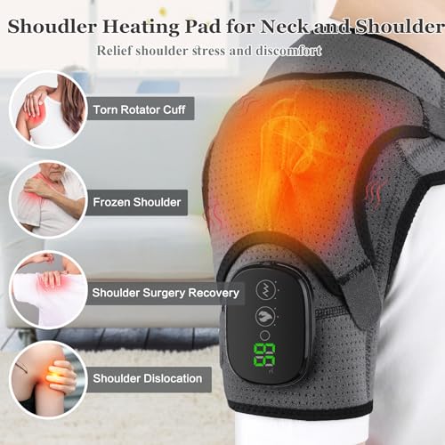 Heated Shoulder Wrap with Massage, Portable Heated Shoulder Brace for Women Men, Cordless Vibration Shoulder Heating Pad for Neck and Shoulder, 3 Heating Setting Shoulder Massager Wrap Braces