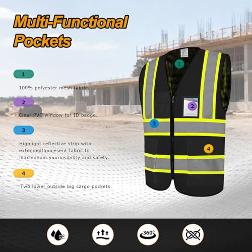 High Visibility Vest 5 Pockets Mesh Safety Vest for Men, Black M - color: Black, size: Medium