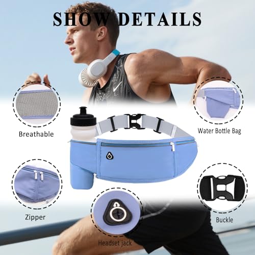 Running Belt with Water Bottle Holder, 3 Pockets Large Cross Body Mens Fanny Pack for Girls Women Boys Kids Phone Pouch,Slim Waist Bag Fit Hiking Hydration Runners Walking Workout Travel Blue - color: 03-Blue