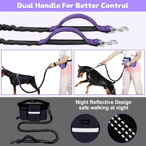 ETACCU Heavy Duty Hands Free Dog Leash with Zipper Pouch Waist Belt for Large Medium Dogs for Running, Walking, Jogging and Hiking, Dual Padded Handles and Durable Bungee (1 Dog Purple) - color: 1 Dog Purple