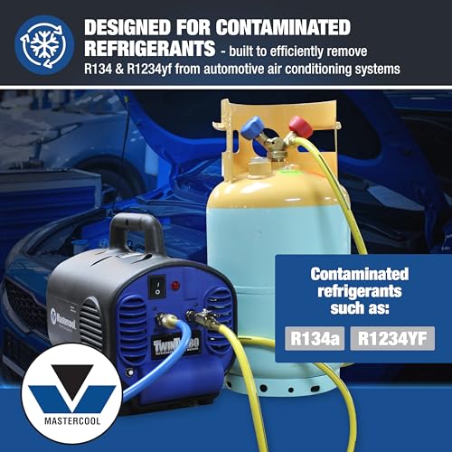 Mastercool 69400-CON Refrigerant Recovery Machine – Removes Contaminated R134a & R1234yf, Spark-Free Design, 30 lb DOT Tank