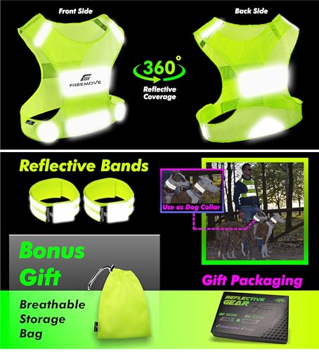 FREEMOVE Reflective Vest - Running Gear + 2 Bands & Bag/Ultralight & Comfy Safety Vests for Running, Walking, Cycling - size: Large