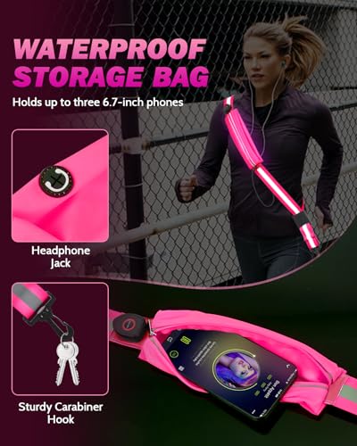 Fitense LED Reflective Belt Sash - 5 Lights Colors & 3 Light Modes High Visibility Night Safety Belt, Rechargeable Light Up Running Gear Adjustable Vest Straps for Runners Walkers Men Women - color: Pink, style: Pouch