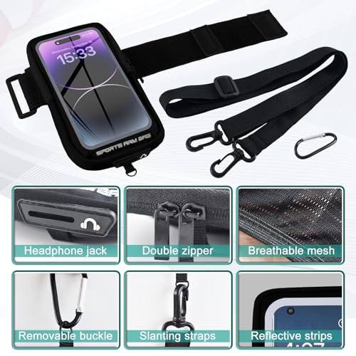 Phone Holder for Running, Running Armband Phone Holder with Carabiner, Phone Armbands for iPhone 17 16 15 14 13 12 11Pro Max & Galaxy S25/S24/S23, Cell Phone Armband Up to 6.8'' Phone (Black)