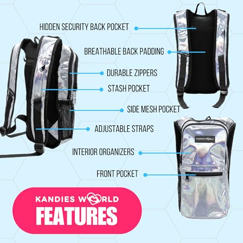 Kandies World Reflective Festival Hydration Pack - 2L Hydropack for Raves, Hiking, Biking, Running, and More (with Anti-Theft Pocket) - style: Silver Holographic