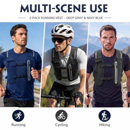 2 Pcs Running Vest for Women Men, Reflective Running Vest with Adjustable Waistband & Phone Pocket, Outdoor Pack Lightweight Breathable Backpack for Marathon Hiking - color: Black, Navy Blue