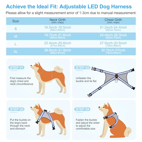 Visinite LED Dog Harness, USB Rechargeable Light Up Dog Vest, 2 Illuminate Modes Glow in The Dark Dog Harness, Adjustable Lighted Pet Harness Light for Night Walking Safety(Blue, M) - color: Blue, size: Medium