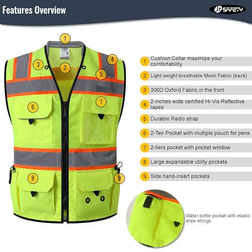JKSafety Hi-Vis Unisex Surveyor Safety Vest Heavy Duty PPE Inner Pockets ANSI/ISEA Compliant - color: 188-yellow, size: X-Large