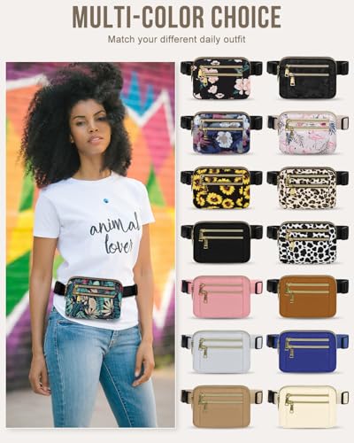 Capolo Fanny Packs for Women 4 Zip Pocket Crossbody Belt Bag Waist Bags - color: Blue Leaves, size: Medium
