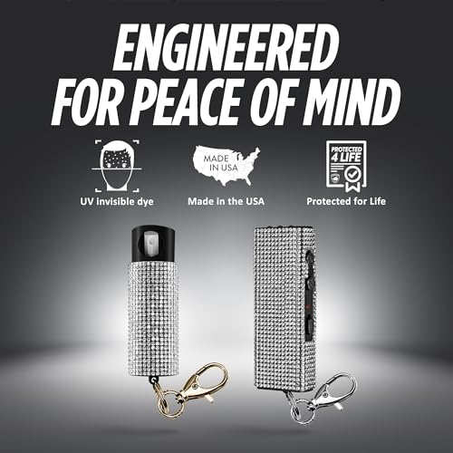 Guard Dog Security Bling It On Stun Gun and Pepper Spray for Self Defense, Fashionable Self-Defense Keychain Set for Women, Glow-in-the-Dark Actuator, 16-Ft Range, USB Rechargeable - color: White