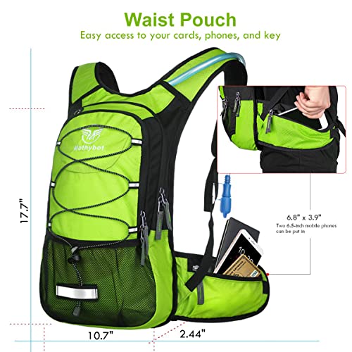 Mothybot Insulated Hydration Backpack Pack with 3L BPA Free Leak Proof Water Bladder, Large Storage Lightweight Hiking Daypack with Waist Pouches & Cooler Layer, for Running, Biking, Camping, Festival - color: Green