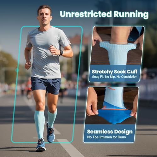 Rahhint Coolmax 20-30 mmHg Compression Running Socks, Long Distance Anti Blister Cushion Moisture Wicking Tall Athletic Socks