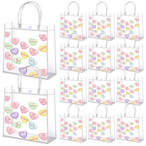 Aliceset 12 Pcs Valentine's Day Gift Bags Bulk Heart Printed Transparent Goodie Bags with Handles Reusable PVC Gift Totes for Valentines Wedding Bridal Birthday Party Favor(Conversation Heart) - style: Conversation Heart