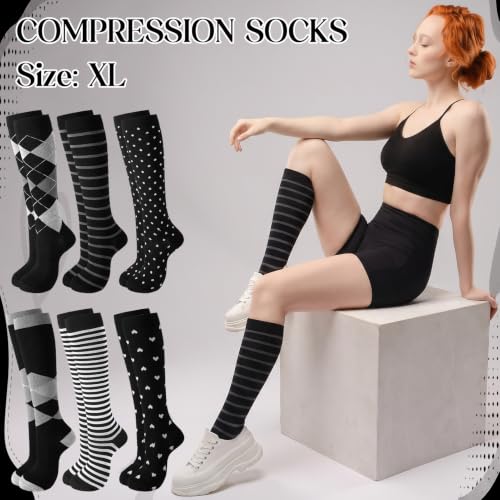 6 Pairs Compression Socks for Women Men - color: Black White Geometric