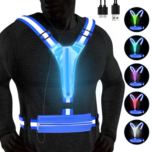 Fitense LED Reflective Running Vest with Phone Holder, Rechargeable 5 Colors Light Up Running Lights for Runners High Visibility Night Safety Gear, Adjustable for Men Women