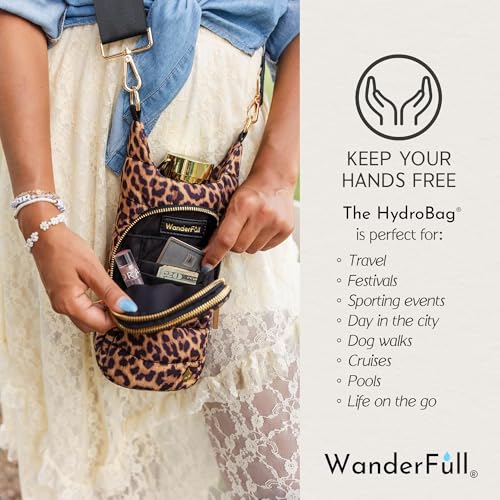 WanderFull® Original HydroBag®, Fits Up to 32 oz Water Bottle Holder with Strap, Gift for Women, Hands-Free Crossbody, Water Bottle Carrier Bag with Phone Pocket - color: Leopard Print