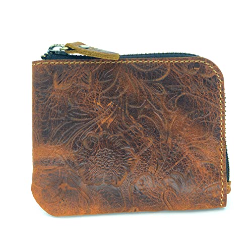 JJNUSA Genuine Leather Zipper Coin Purse Wallet With Key Car Smart Holder, Change Purse, Coin Pouch Holder For Men (Flower brown) - color: Flower brown