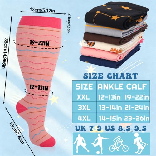 Jspupifip 6 Pairs Plus Size Compression Socks for Women, Wide Calf - color: Black Blue Pink Gray Beige Brown, size: 3X-Large