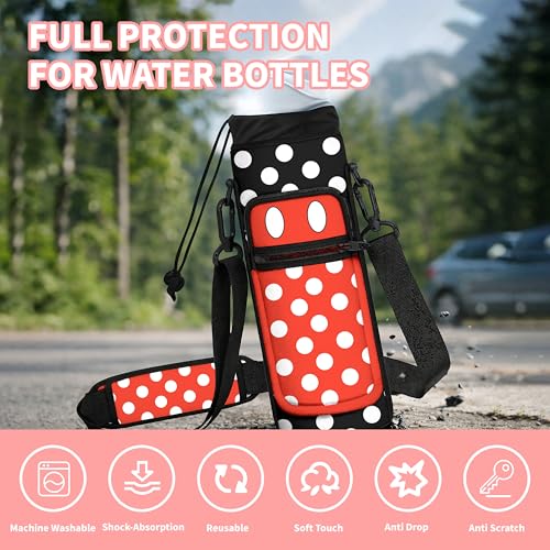 Water Bottle Holder with Strap, 18-32oz Water Bottle Carrier Sling Bag - color: Black Polka Dots