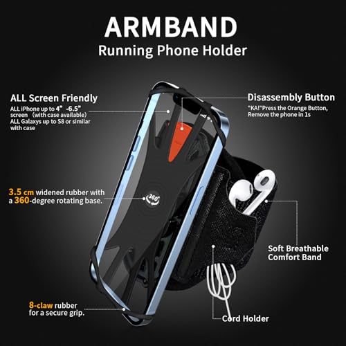 Running Armband 360°Rotatable,Arm Band for Phone Fits All 4''-6.5'' Smartphones,Compatible with iPhone 17/16/15pm/p,Workout Cellphone Holder with Key Holder,for Running Hiking Biking Walking