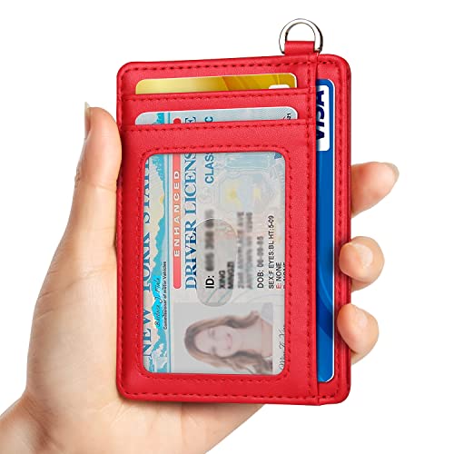 Slim Minimalist Front Pocket Wallet, RFID Blocking Credit Card Holder Wallet with Integrated D-Shackle for Men Women - color: Cowhide Red