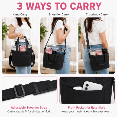 Structured Drink Carrier Bag, Family Size 4 Compartment Drink Bag - color: Deep Black