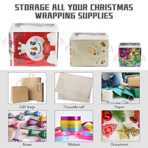 3 Pack Clear Zippered Gift Bag Storage Organizer with Handles,Organize Your Gift Wrap,Tissue Paper, Tape,Bow, Ribbon,Card,Ornament-Christmas Wrapping Supplies Storage Bag-3 Different Sizes（L+M+S)