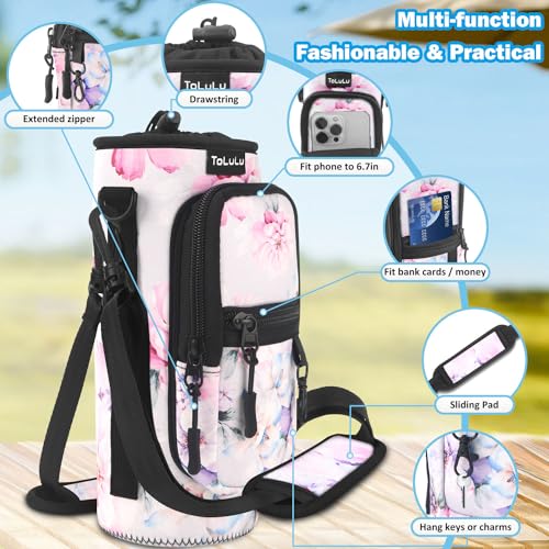 ToLuLu 25/32/40oz Water Bottle Carrier Bag Pocket,Insulated Neoprene Adjustable Shoulder Strap Water Bottle Pouch Case, Crossbody Water Bottle Holder Sling Sleeve for Men Women Adults - color: Pink Flowers, size: 25 OZ