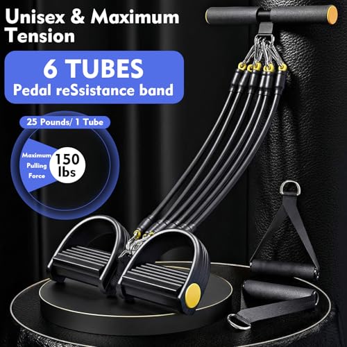 Arrowbash Upgrade 6 Tubes Foot Pedal Resistance Band Adjustable Pedal Puller Resistance Band with Handle Multifunction Fitness Bands for Men Women Abdomen Arm Leg Stretching - color: Black, size: 150 Lbs