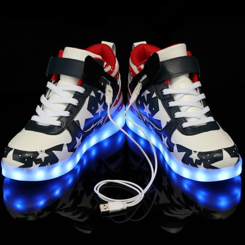YuanRoad Unisex LED Light Up Shoes with USB Charging Glowing Luminous LED Sneakers - color: Blue High Top, size: 10.5 Women/8.5 Men