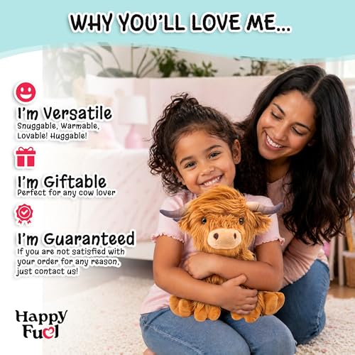Highland Cow Microwavable Stuffed Animal – 1.5 lb Unscented Heating Pad Plush, Soft Cozy Cute Cow Toy for Relaxation and Comfort, Gift for Women, Girls, Adults & Kids by Happy Fuel - color: Brown Highland Cow (Sitting Down)