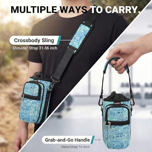 AUPET Water Bottle Sling Bag Sleeve Holder Carrier 25/32/40/64 oz,Insulated Crossbody Water Bottle Case Cover with Strap and Pockets for Men/Women Walking Hiking - color: blue feather, size: 32oz
