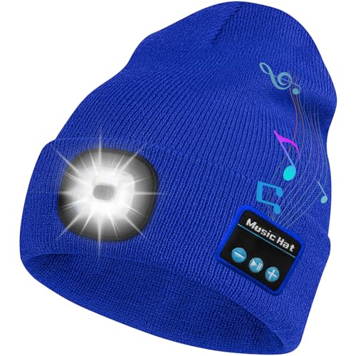 Bosttor Bluetooth Beanie Hat with Light, Headlamp Cap with Headphones and Built-in Speaker Mic, Gifts for Men Women Teen - color: Blue