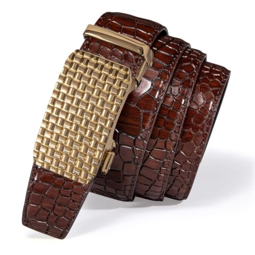 Dubulle Ratchet Belt for Men Leather Adjustable Designer Fashion Buckle - color: Brown Shiny Gold, size: Adjustable Fit 22" to 38" Waist