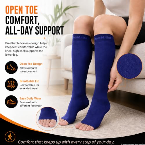 Doc Miller Open Toe Compression Socks, 20-30 mmHg, Knee High, Men & Women - color: Gray, size: Small