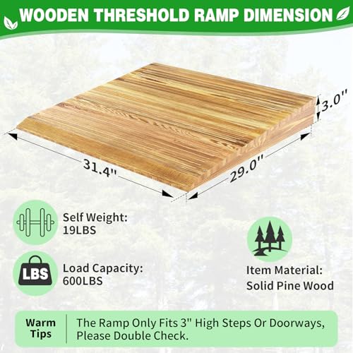 3" Rise Solid Wooden Threshold Ramp with Grooves for Home Steps/Wheelchairs - size: 3 inches