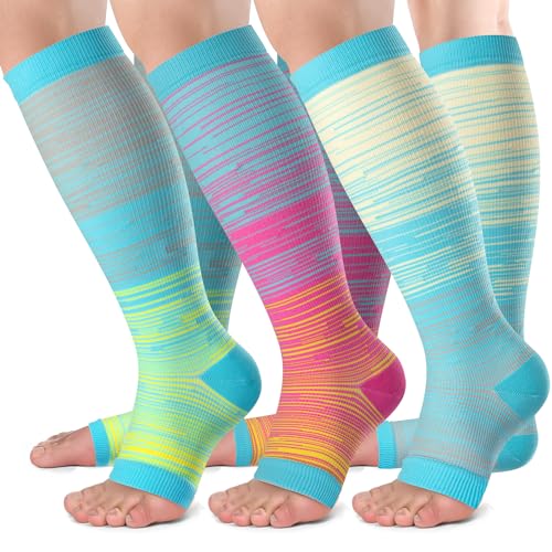 bropite Open Toe Compression Socks for Women，3 Pairs Toless Knee-High Socks - color: A-lightstripe Open, size: 4X-Large