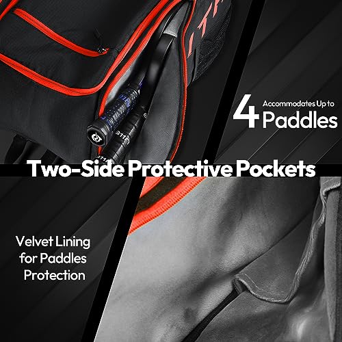 A11N SPORTS Tournament Pickleball Bag Backpack for Men & Women, Holds 4 Paddles, Shoe Compartment, Fence Hook - color: Black/Red