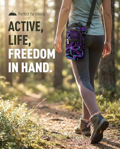 AUPET Water Bottle Sling Bag Sleeve Holder Carrier 25/32/40/64 oz,Insulated Crossbody Water Bottle Case Cover with Strap and Pockets for Men/Women Walking Hiking - color: purple flower, size: 40oz
