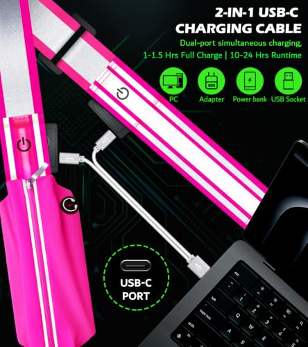 Ylzzrs LED Belt Reflective Sash for Walking at Night,High Visibility Adjustable Night Running Safety Gear,Light Up Running Belt Reflective Gear with Phone Bag/Armband for Runners Walkers Men Women - color: Pink