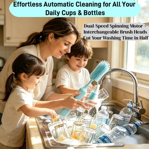 Electric Bottle Brush, Rechargeable Auto Spinning Bottle Cleaner, All-in-One Cleaning Kit with Multi Brush Heads & Stir Stick for Baby Bottles & Drinkware, Great Household Helper and Ideal Gift - color: Light Blue