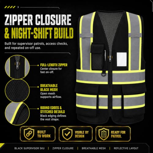 A-SAFETY Mesh High Vis Vest, Reflective Construction Vest with Pockets - color: Black, size: X-Large